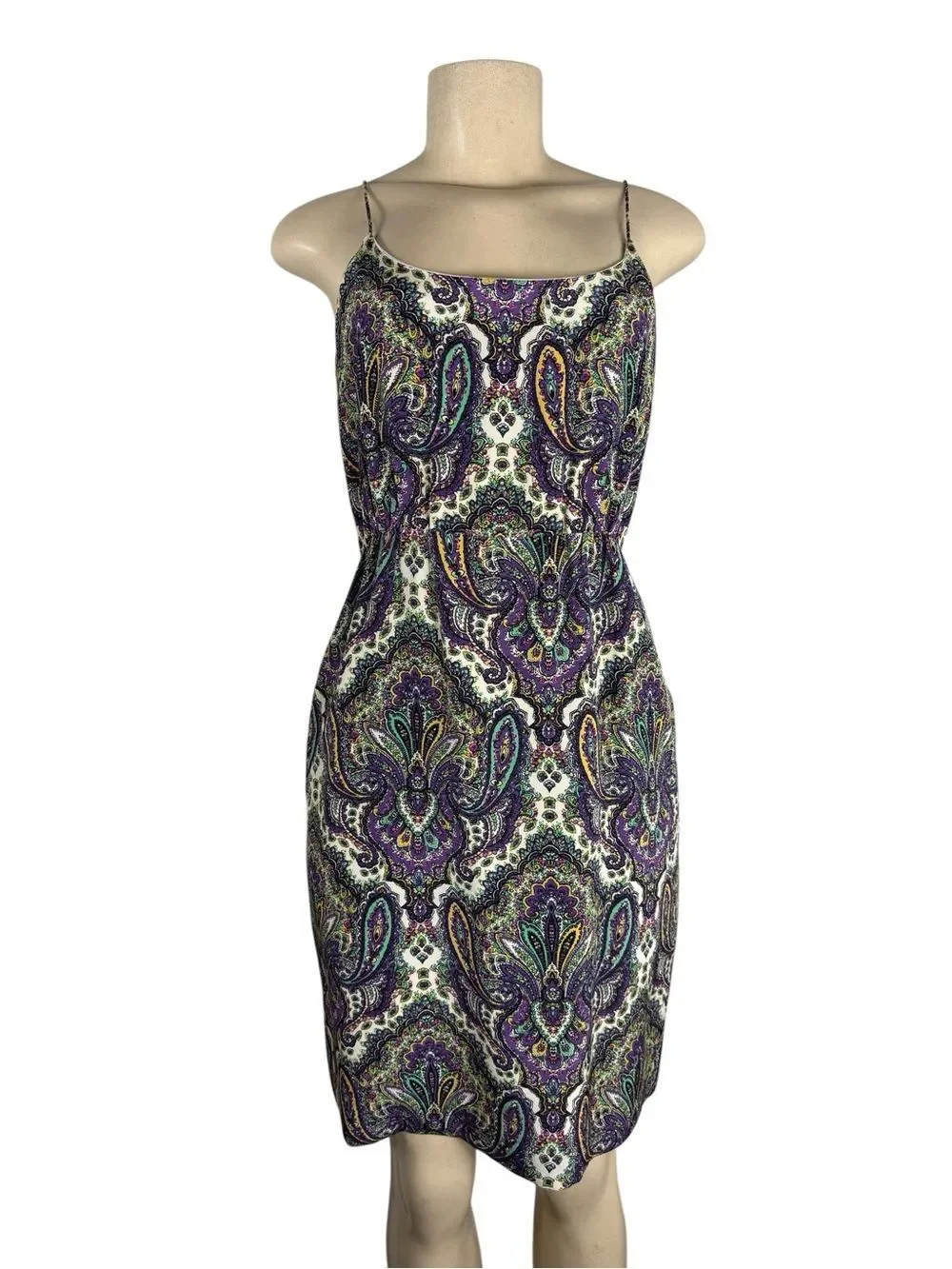 VINTAGE J. CREW 100% Silk Paisley Mini Dress in Navy, Purple and Teal Size 4